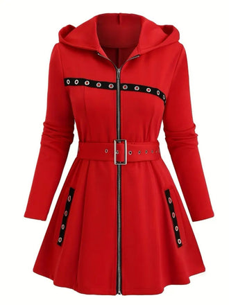 1960s Punk Hooded Zipper Belted Midi Jacket - vintage fashion, retro style