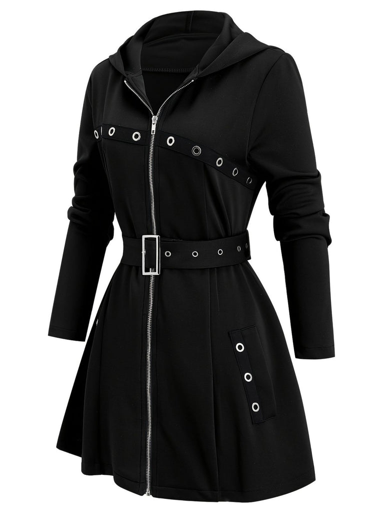 1960s Punk Hooded Zipper Belted Midi Jacket - vintage fashion, retro style