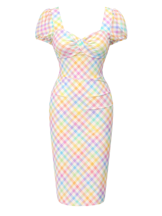 1960s Rainbow Plaid Square Neck Puff Dress - vintage dress, retro fashion for women