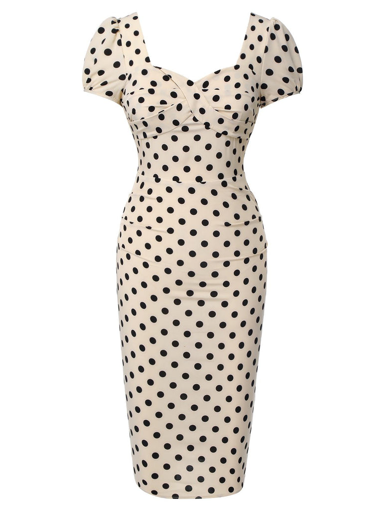 Retro Stage Square Neck Polka Dot Bodycon Midi Dress Cream Retro Stage Square Neck Polka Dot Bodycon Midi Dress Cream
