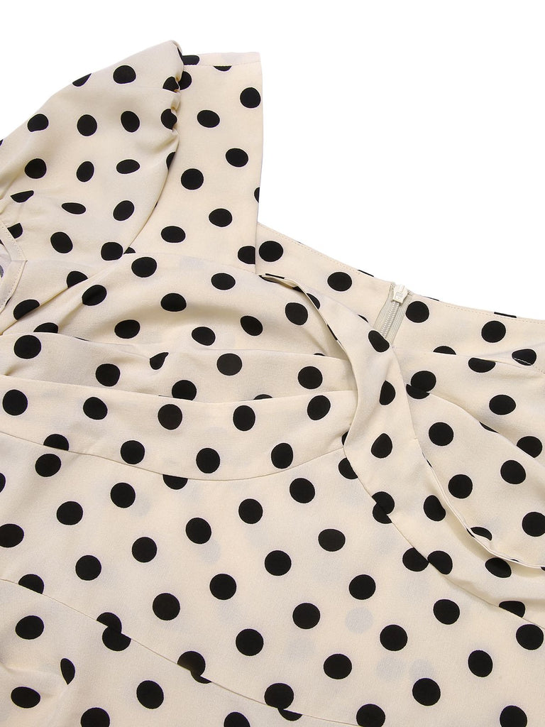 Retro Stage Square Neck Polka Dot Bodycon Midi Dress Cream
