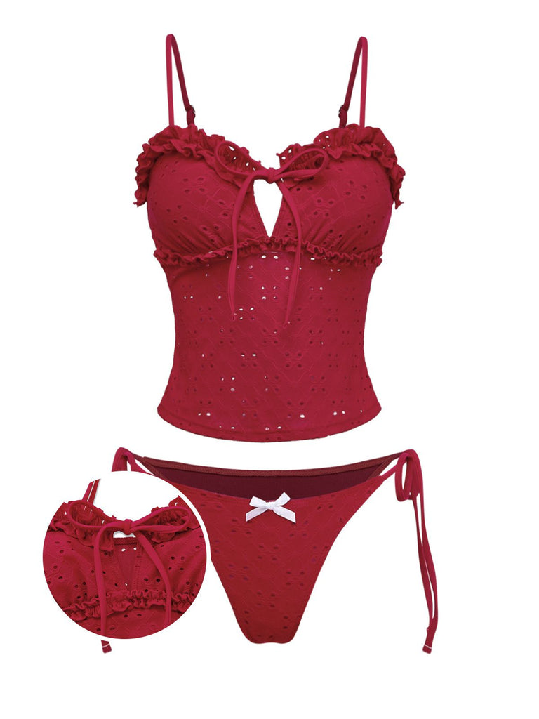 Red 1960s Embroidered Cutout Ruffled Side-Tie Tankini Set - vintage fashion, retro style, elegant red