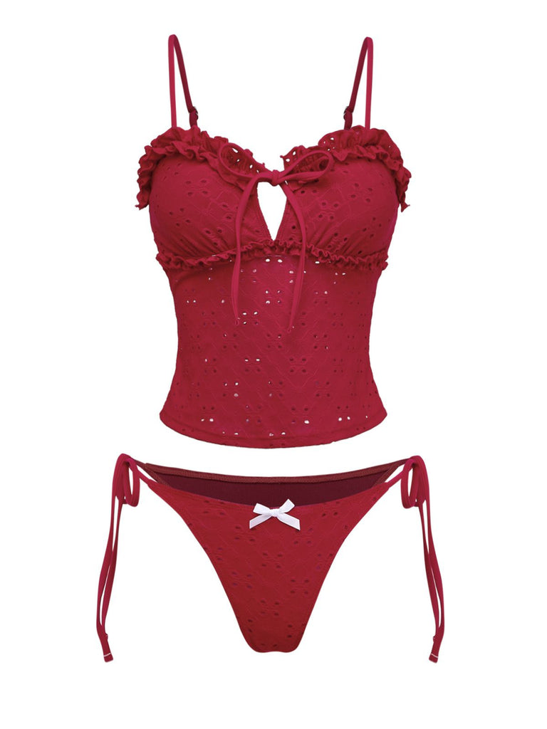 Red Ruffle Tankini Red 1960s Embroidered Cutout Ruffled Side-Tie Tankini Set | Retro Stage