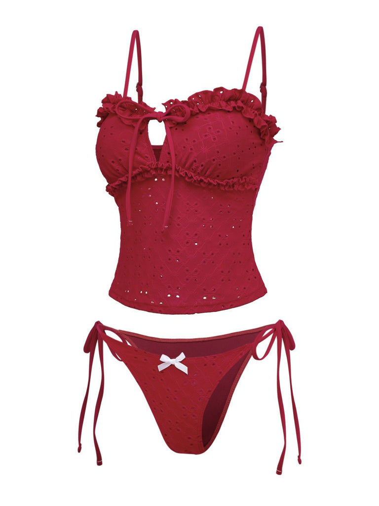 Red 1960s Embroidered Cutout Ruffled Side-Tie Tankini Set - vintage fashion, retro style, elegant red