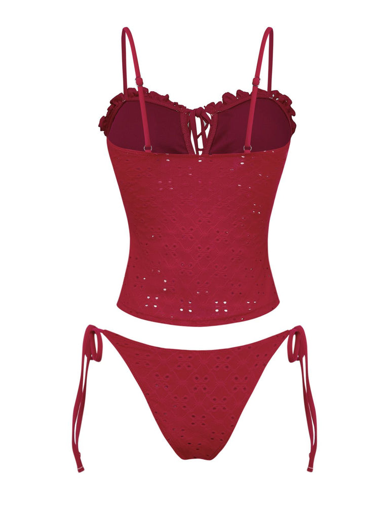 Red 1960s Embroidered Cutout Ruffled Side-Tie Tankini Set - vintage fashion, retro style, elegant red
