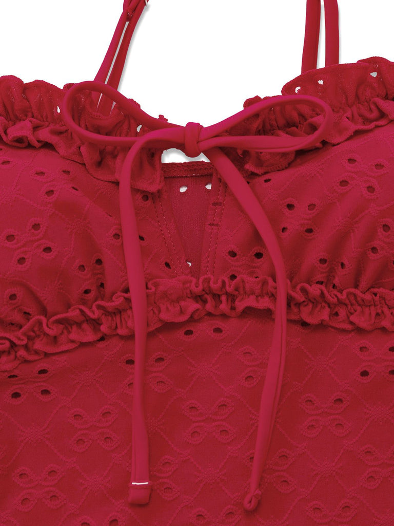 Red Ruffle Tankini Red 1960s Embroidered Cutout Ruffled Side-Tie Tankini Set | Retro Stage
