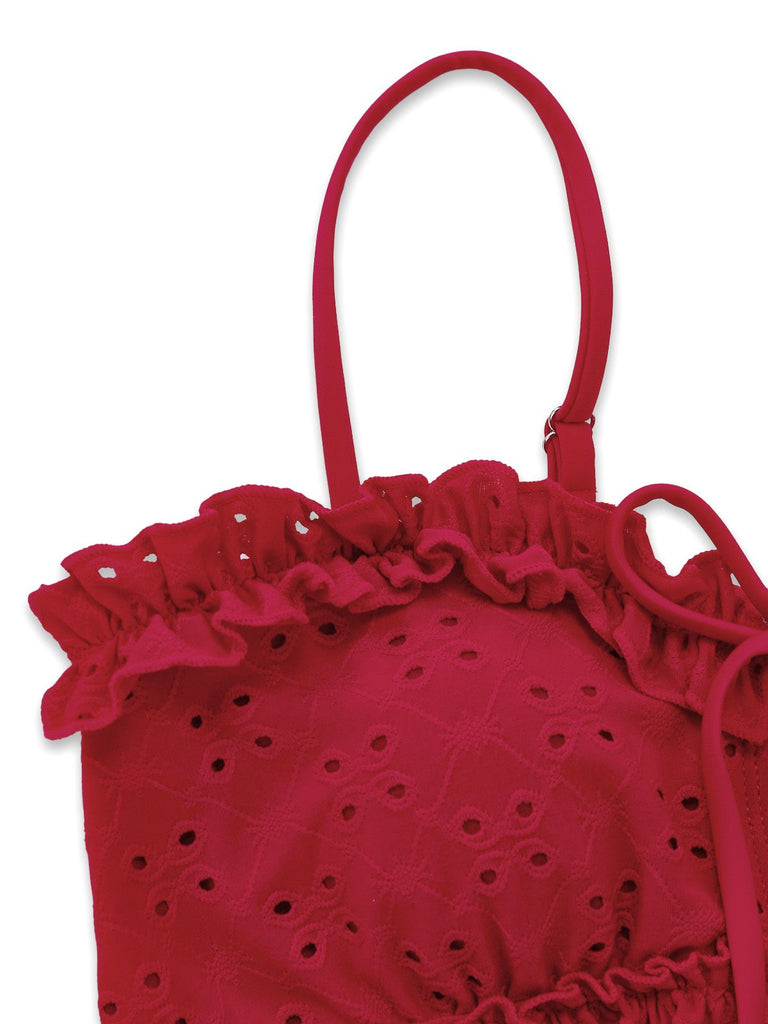 Red 1960s Embroidered Cutout Ruffled Side-Tie Tankini Set - vintage fashion, retro style, elegant red