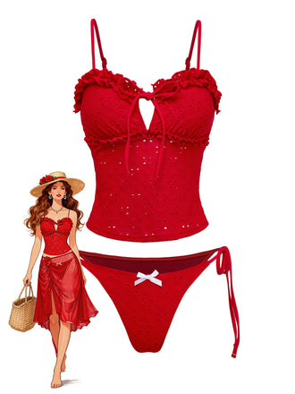 Red 1960s Embroidered Cutout Ruffled Side-Tie Tankini Set - vintage fashion, retro style, elegant red