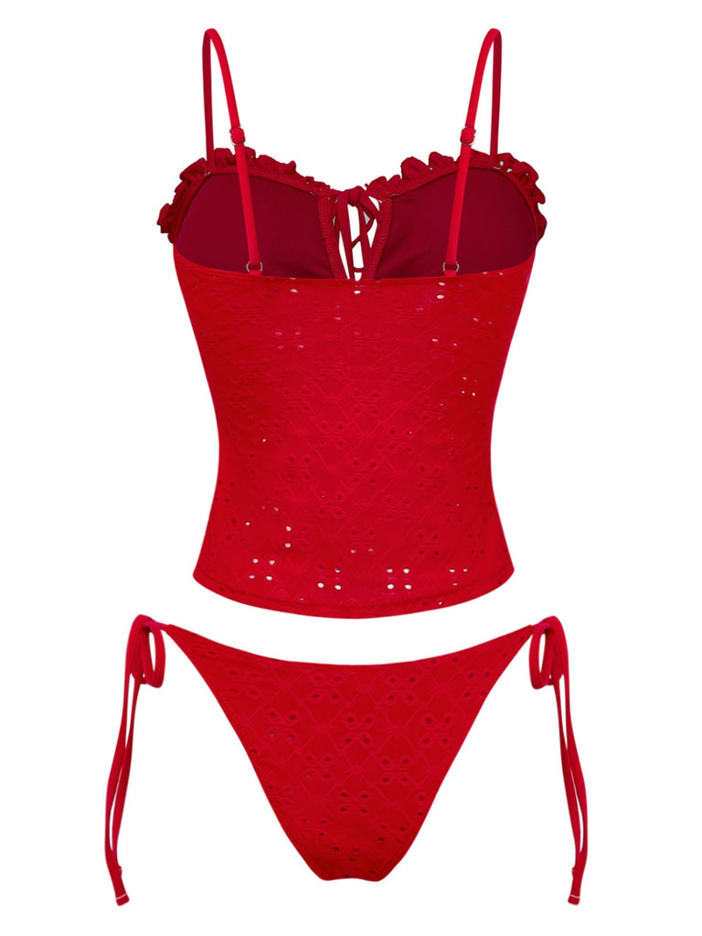 Red 1960s Embroidered Cutout Ruffled Side-Tie Tankini Set - vintage fashion, retro style, elegant red