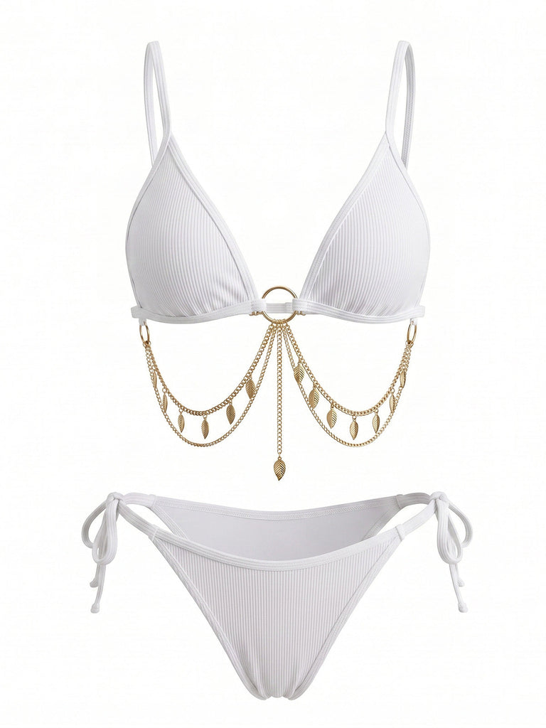 1960s Ribbed Gold Chain Triangle Bikini Set, vintage swimsuit, pin-up swimwear, retro beach style, women, elegant