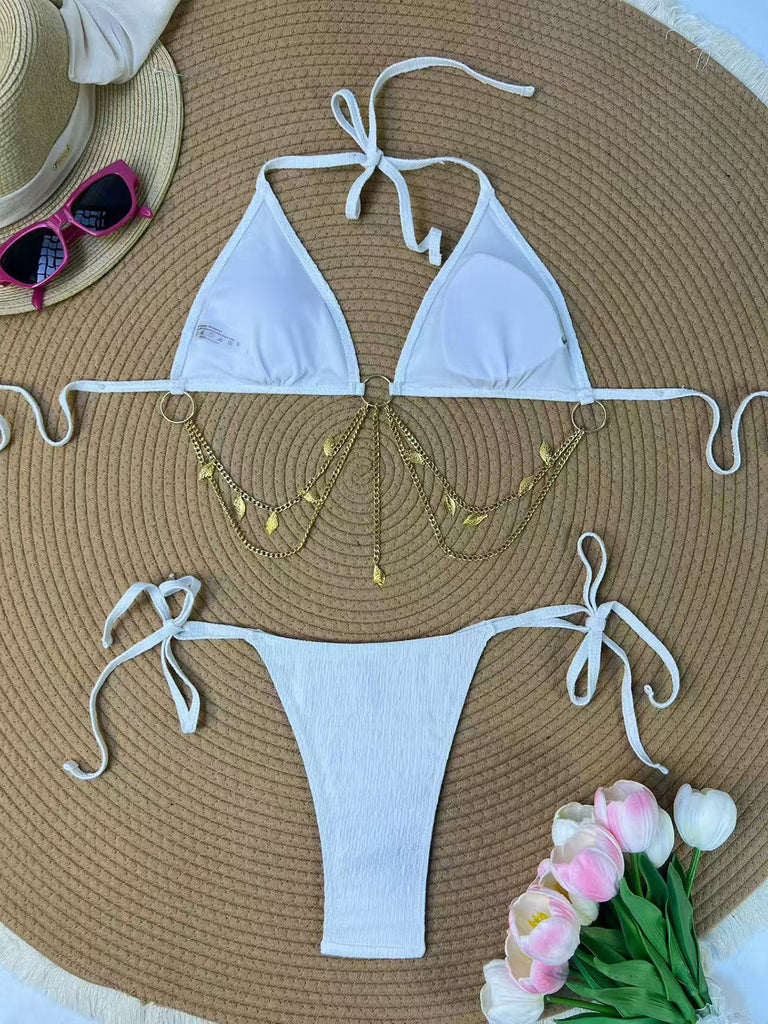 1960s Ribbed Gold Chain Triangle Bikini Set, vintage swimsuit, pin-up swimwear, retro beach style, women, elegant