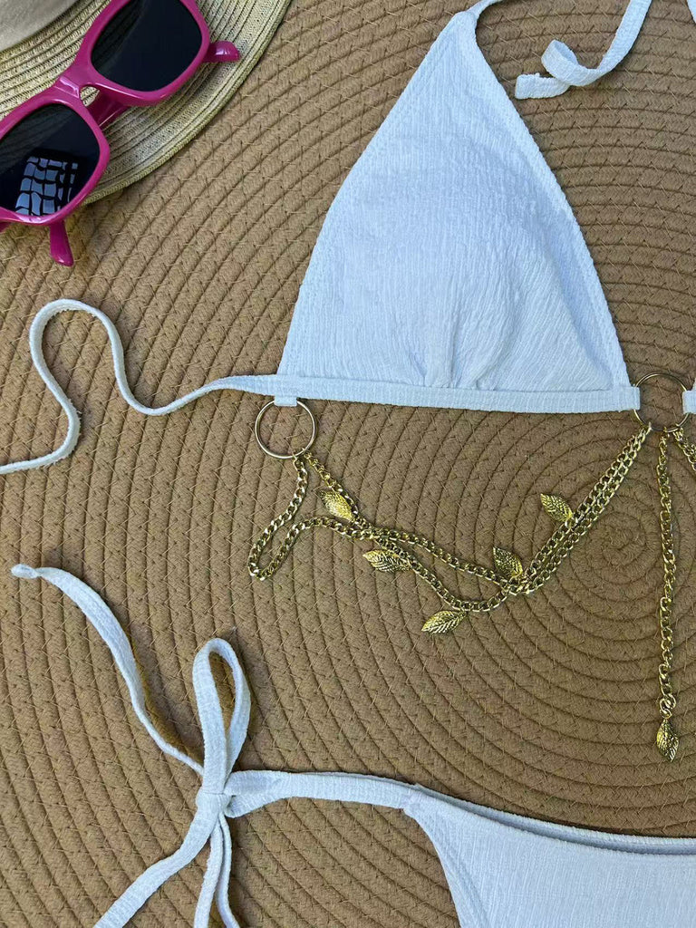 1960s Ribbed Gold Chain Triangle Bikini Set, vintage swimsuit, pin-up swimwear, retro beach style, women, elegant