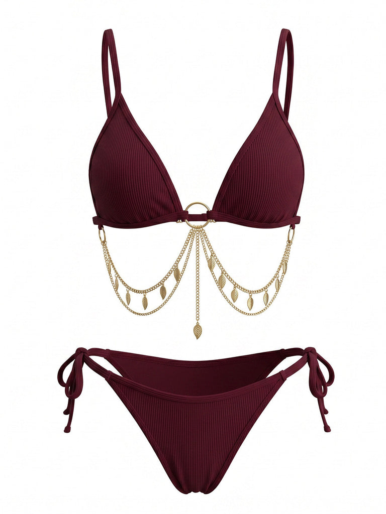 1960s Ribbed Gold Chain Triangle Bikini Set, vintage swimsuit, pin-up swimwear, retro beach style, women, elegant