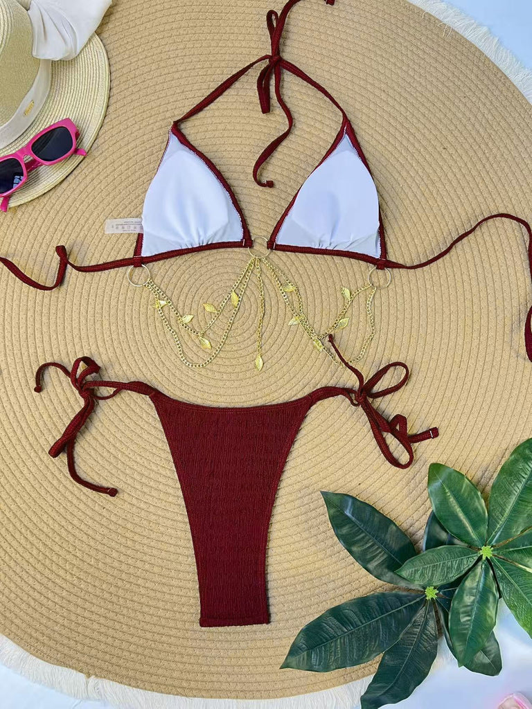 1960s Ribbed Gold Chain Triangle Bikini Set, vintage swimsuit, pin-up swimwear, retro beach style, women, elegant