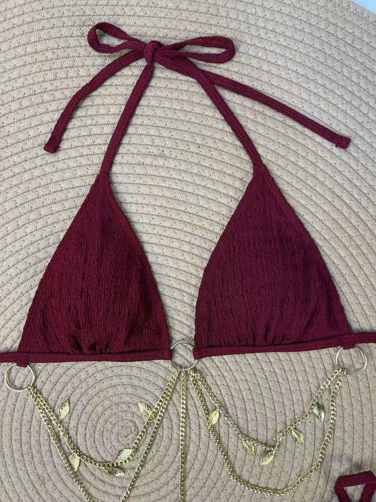 1960s Ribbed Gold Chain Triangle Bikini Set, vintage swimsuit, pin-up swimwear, retro beach style, women, elegant