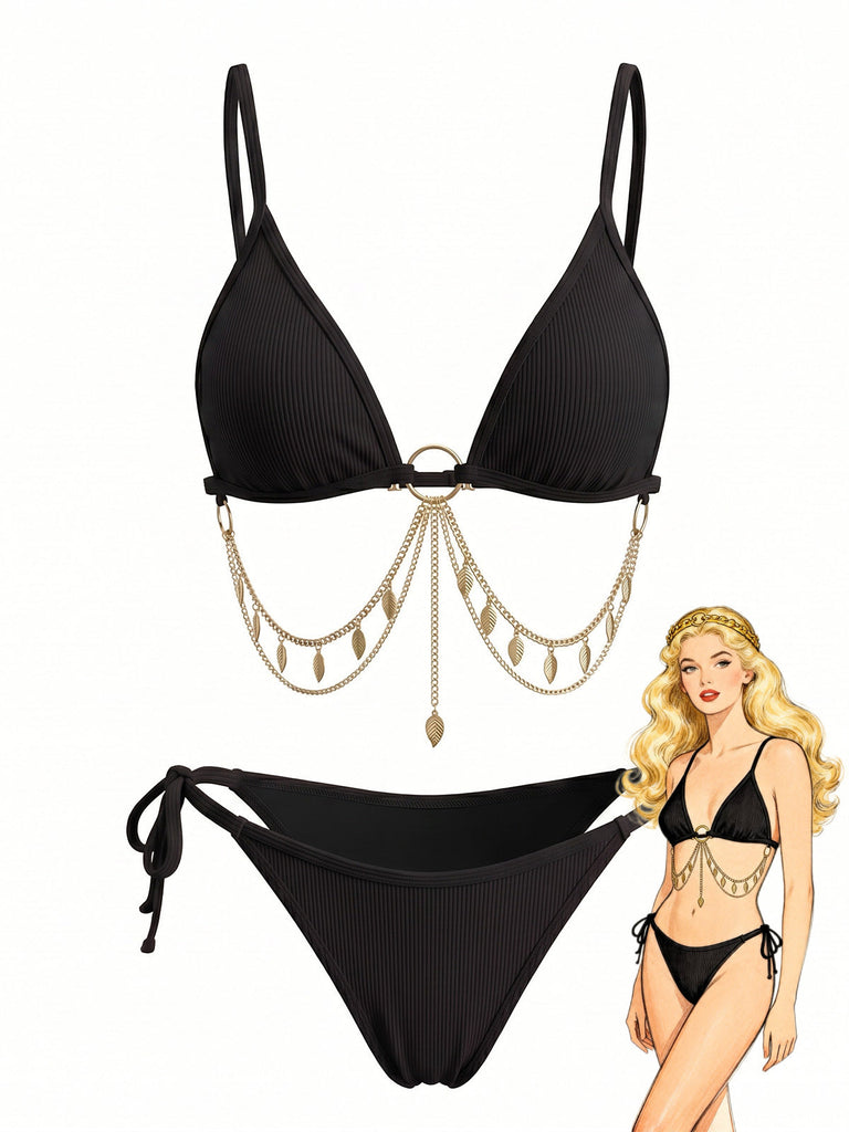 1960s Ribbed Gold Chain Triangle Bikini Set, vintage swimsuit, pin-up swimwear, retro beach style, women, elegant