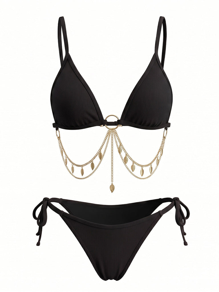 1960s Ribbed Gold Chain Triangle Bikini Set, vintage swimsuit, pin-up swimwear, retro beach style, women, elegant