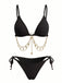 1960s Ribbed Gold Chain Triangle Bikini Set, vintage swimsuit, pin-up swimwear, retro beach style, women, elegant