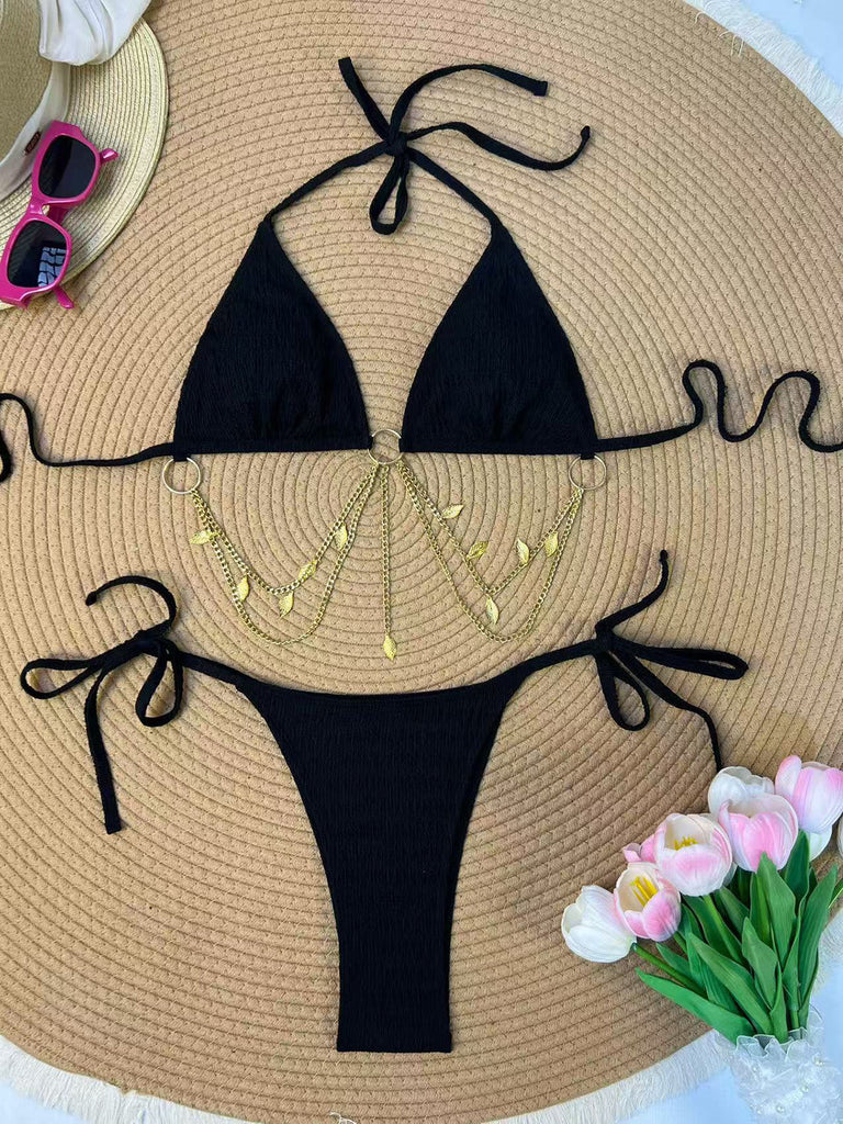 1960s Ribbed Gold Chain Triangle Bikini Set, vintage swimsuit, pin-up swimwear, retro beach style, women, elegant