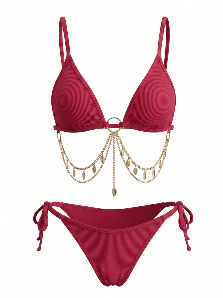 1960s Ribbed Gold Chain Triangle Bikini Set, vintage swimsuit, pin-up swimwear, retro beach style, women, elegant
