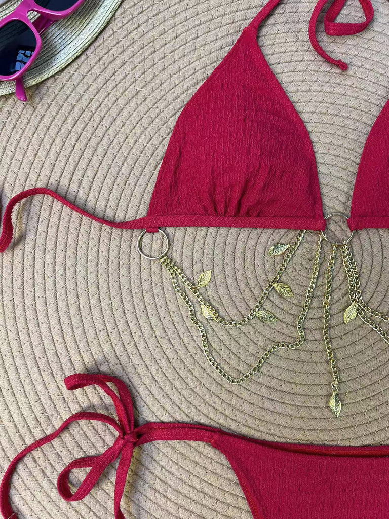 1960s Ribbed Gold Chain Triangle Bikini Set, vintage swimsuit, pin-up swimwear, retro beach style, women, elegant