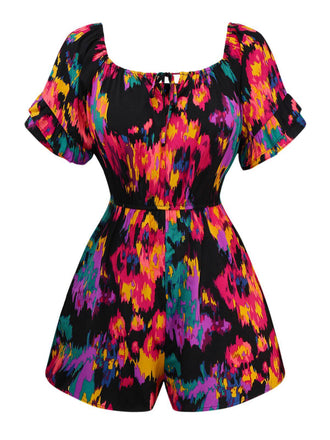 Multicolor 1960s Abstract Paints Ruffle Off-Shoulder Romper - vintage jumpsuit, retro fashion