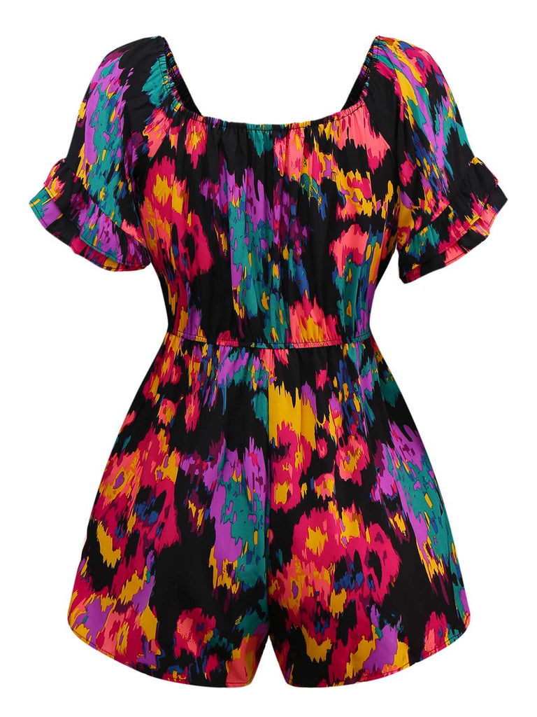 Multicolor 1960s Abstract Paints Ruffle Off-Shoulder Romper - vintage jumpsuit, retro fashion