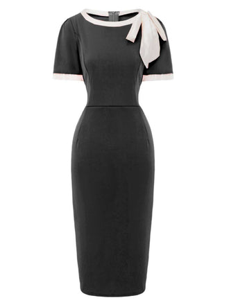 1960s Round Neck Colorblock Bow Bodycon Dress - vintage dress, retro fashion