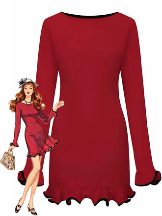 1960s Ruffle Hem Long Sleeve Dress - vintage dress, retro fashion