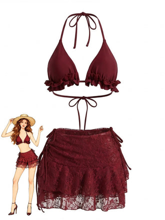 1960s Ruffled Halter Bikini Set & Floral Lace Cover-Up - vintage swimwear, retro swimsuit, pin-up style for vintage lovers