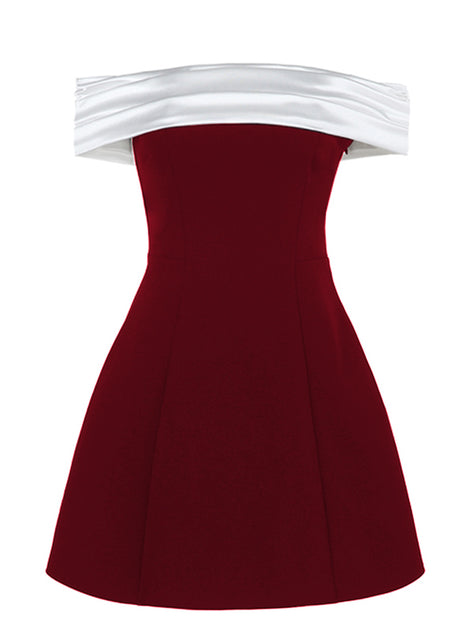 A-Line Cocktail Dress Off Shoulder Colorblock Party Clubwear Mini Dress Red & White