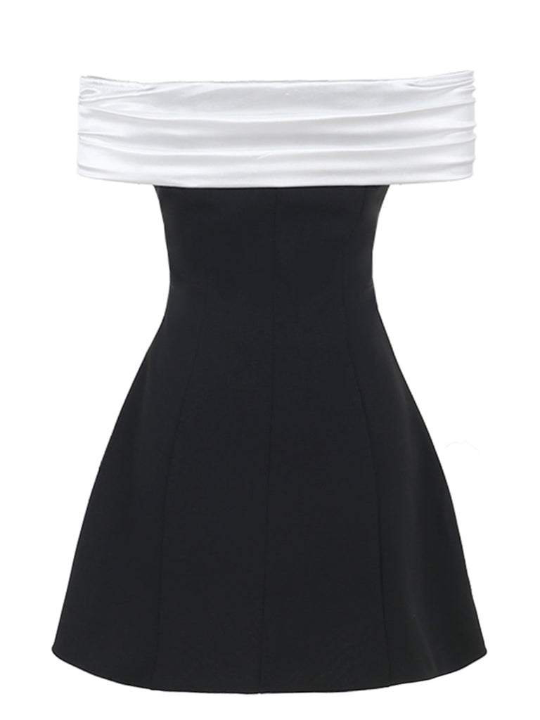 1960s Satin Patchwork Off-shoulder Babydoll Dress — a 1960s silhouette that turns sidewalks into runways