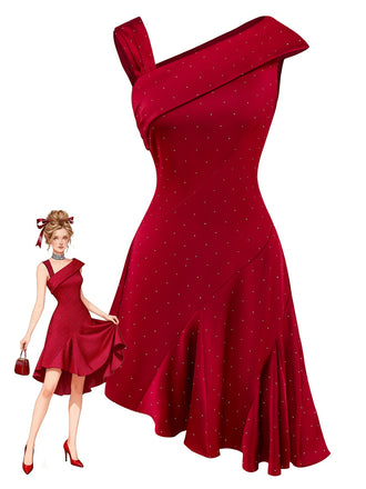 Wine Red 1960s Satin Rhinestone Off-Shoulder Dress - vintage dress, retro fashion, elegant red