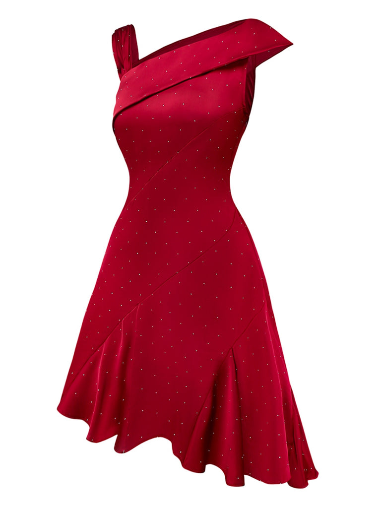 Retro Stage Off-Shoulder Satin Rhinestone Mini Dress with Irregular Hem | Date Night Dress for Valentine's Day
