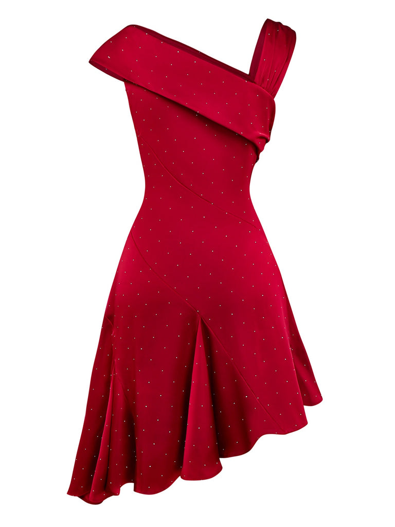 Retro Stage Off-Shoulder Satin Rhinestone Mini Dress with Irregular Hem | Date Night Dress for Valentine's Day