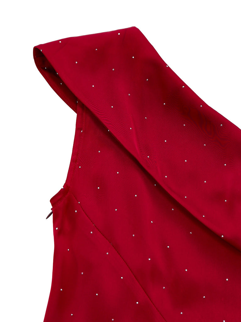 Wine Red 1960s Satin Rhinestone Off-Shoulder Dress - vintage dress, retro fashion, elegant red