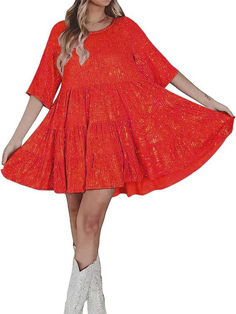 1960s Sequin Tiered Babydoll Dress - vintage dress, retro fashion, elegant red