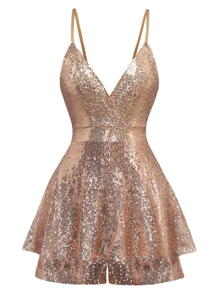 1960s Sequined Strappy V-Neck Culotte Romper - vintage jumpsuit, retro fashion