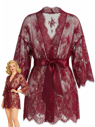 1960s Sexy Solid Lace Sheer Tie Loungewear - vintage fashion, retro style