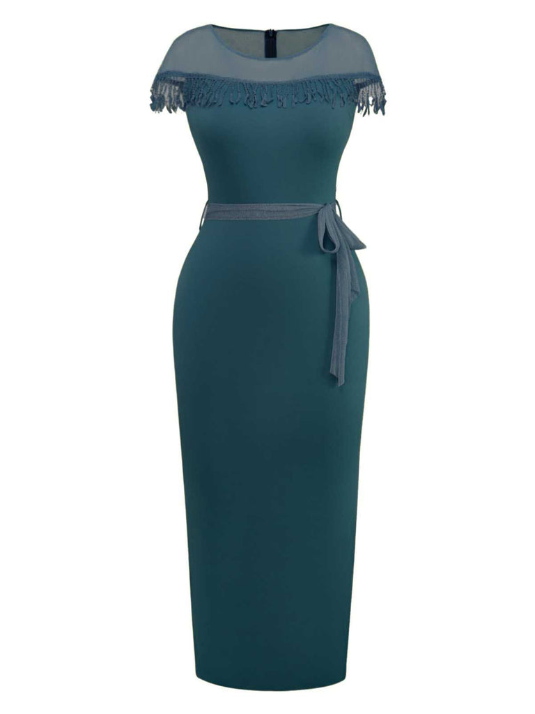 1960s Sheer Fringe Belted Bodycon Dress - vintage dress, retro fashion