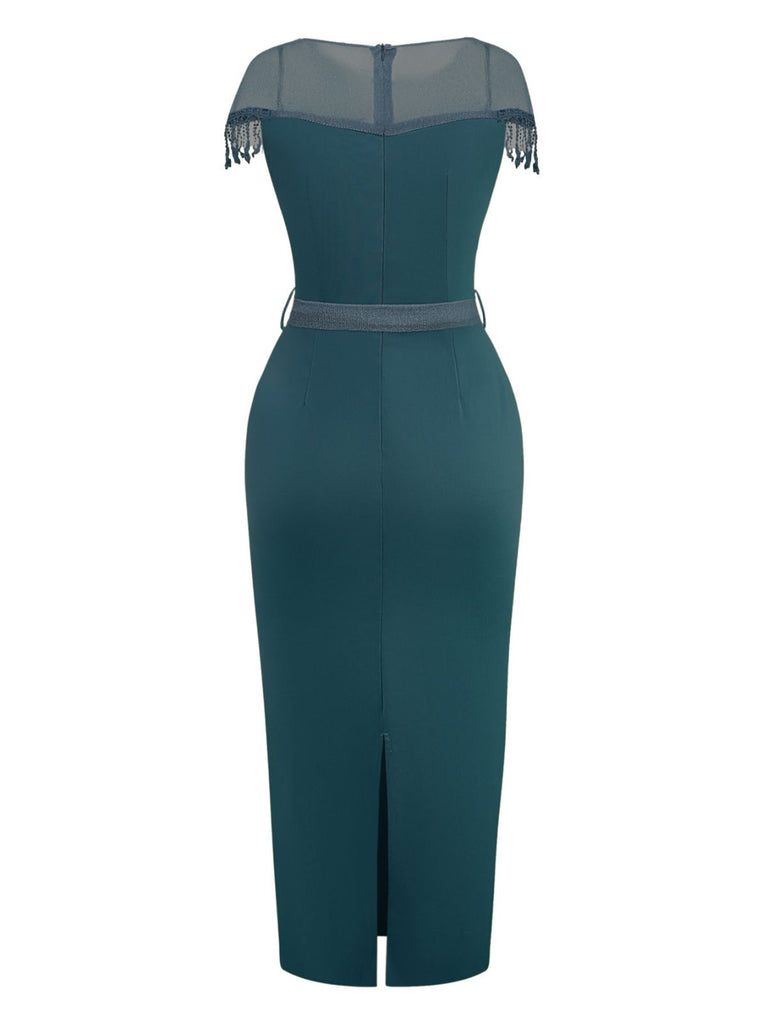 1960s Sheer Fringe Belted Bodycon Dress - vintage dress, retro fashion