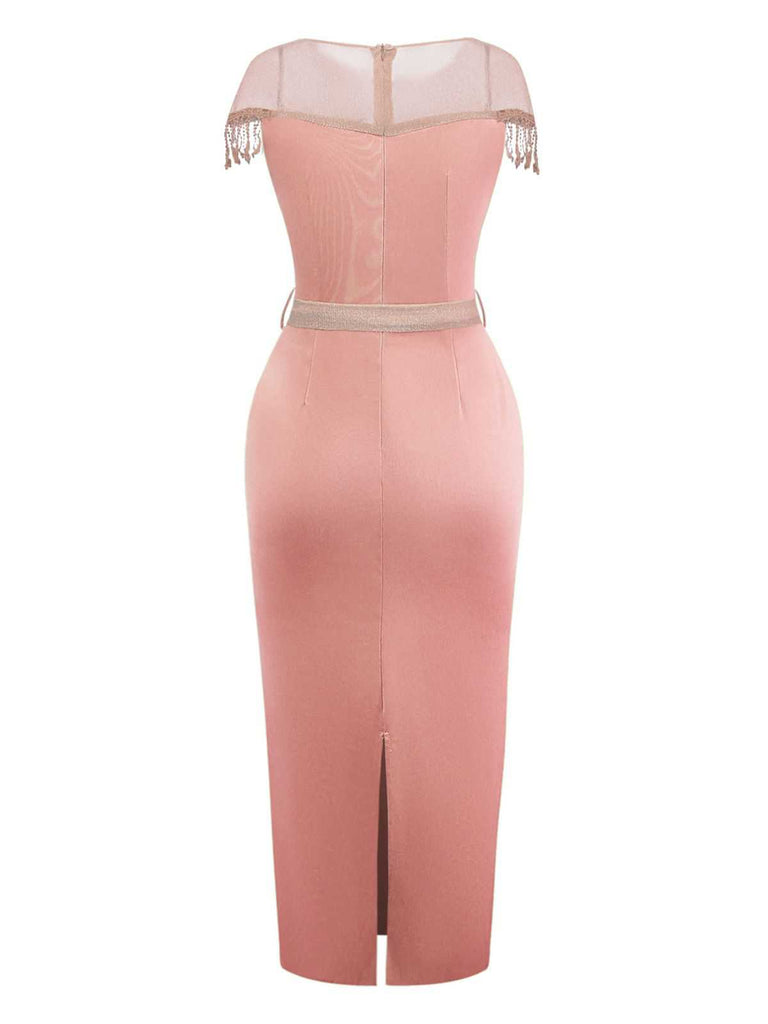 1960s Sheer Fringe Belted Bodycon Dress - vintage dress, retro fashion