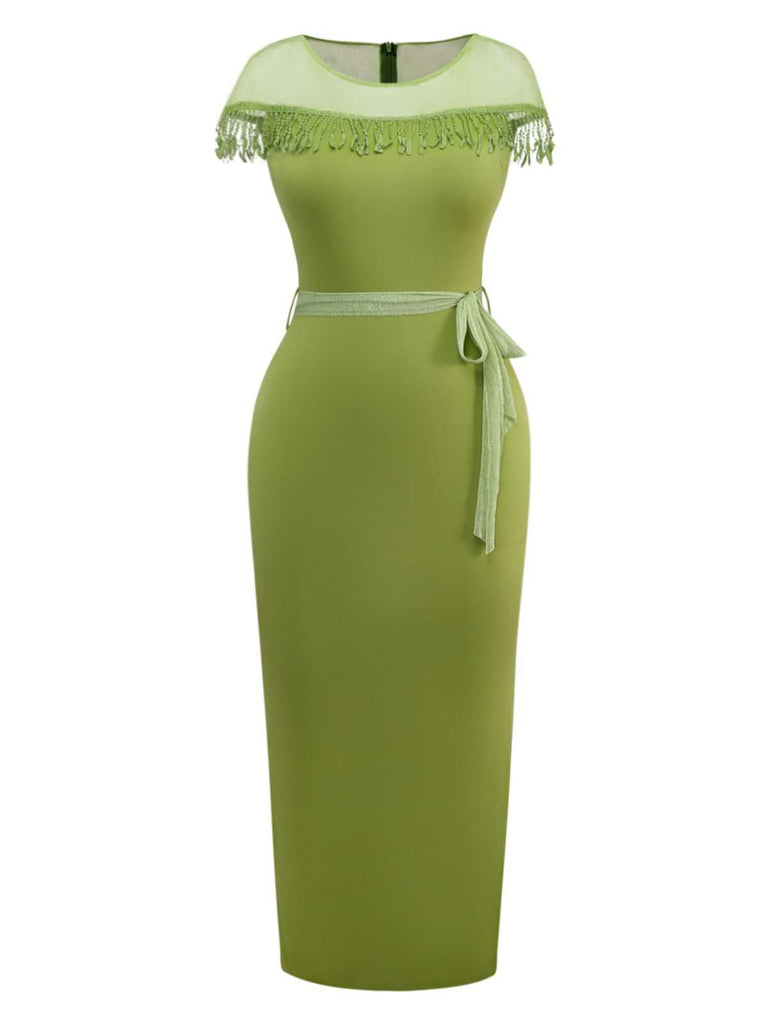 1960s Sheer Fringe Belted Bodycon Dress - vintage dress, retro fashion