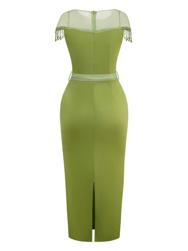 1960s Sheer Fringe Belted Bodycon Dress - vintage dress, retro fashion