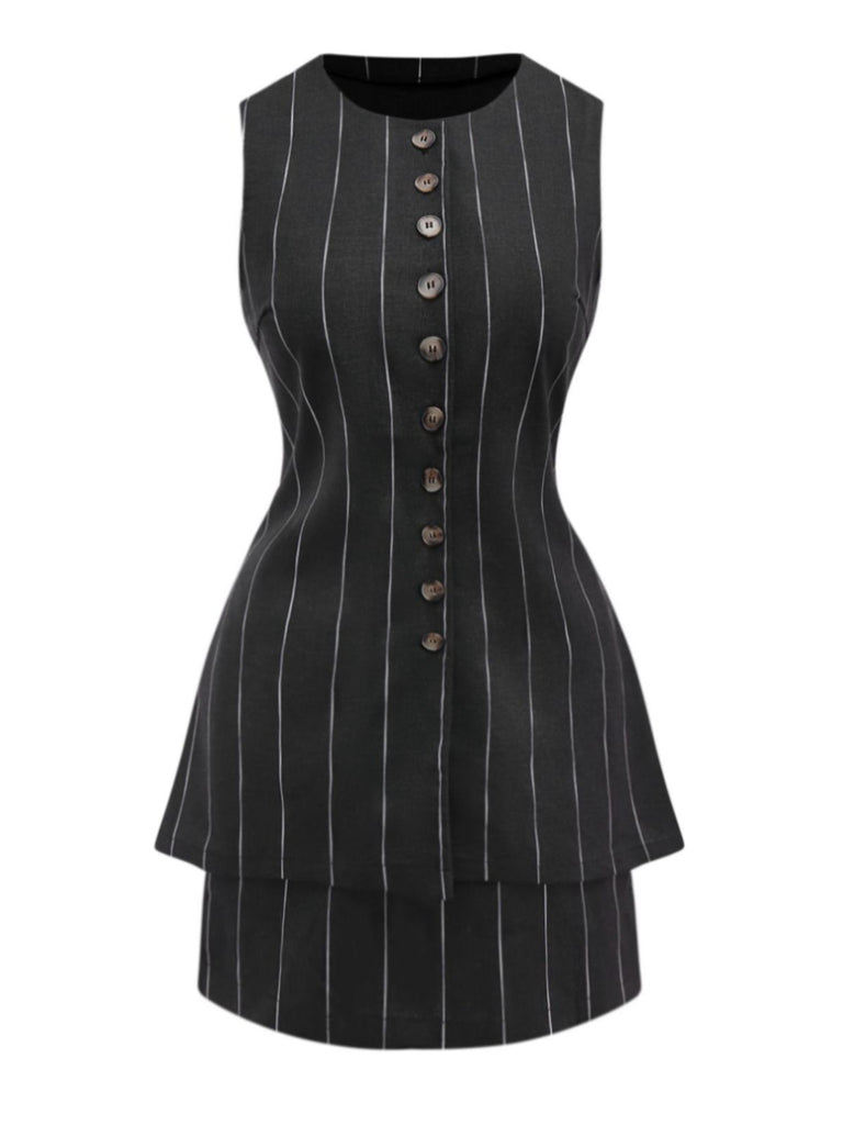 2PCS Black 1960s Pinstripe Pencil Skirt Sleeveless Suit - vintage skirt, retro style, classic black