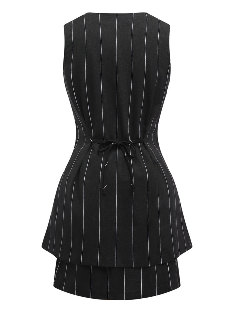 2PCS Black 1960s Pinstripe Pencil Skirt Sleeveless Suit - vintage skirt, retro style, classic black