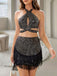 2PCS Black 1960s Sequined Fringe Halter Hollow Top & Skirt - vintage skirt, retro style, classic black