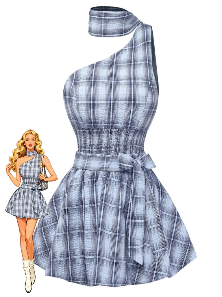 plaid one shoulder dress Brown Plaid One Shoulder Midi Dress for Women S