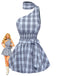 2pcs Blue 1960s One-Shoulder Plaid Top & Ruched Waist Skirt - vintage skirt, retro style