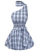 2pcs Blue 1960s One-Shoulder Plaid Top & Ruched Waist Skirt - vintage skirt, retro style
